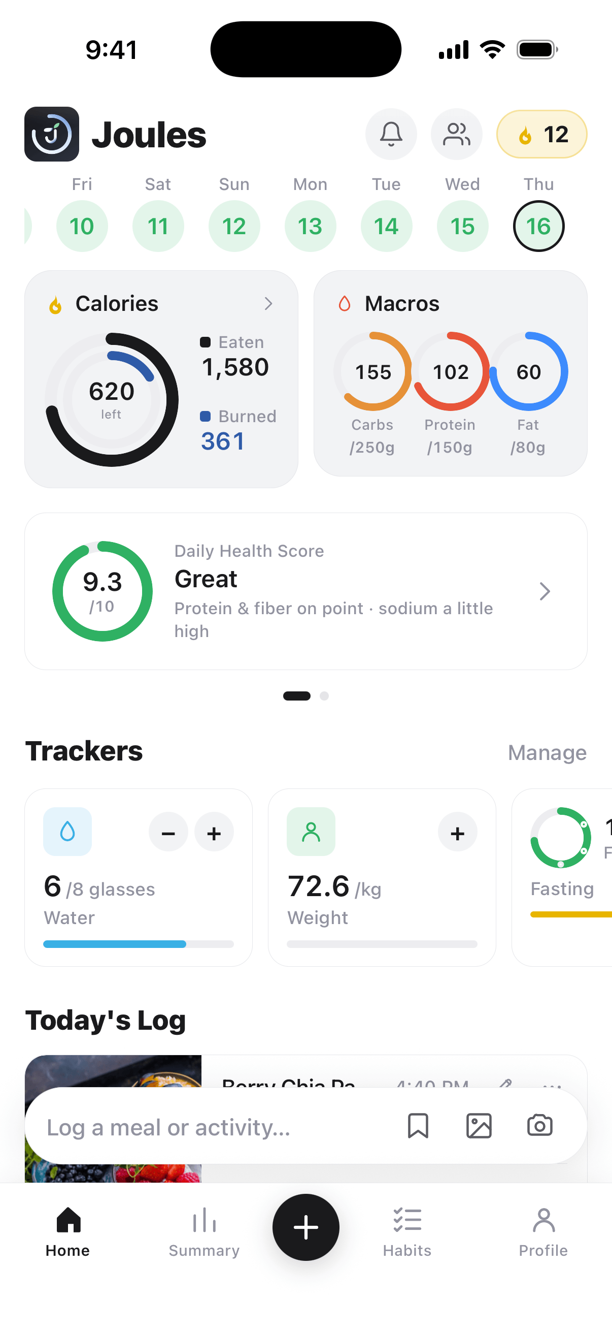 Joules home screen with calorie ring and macros