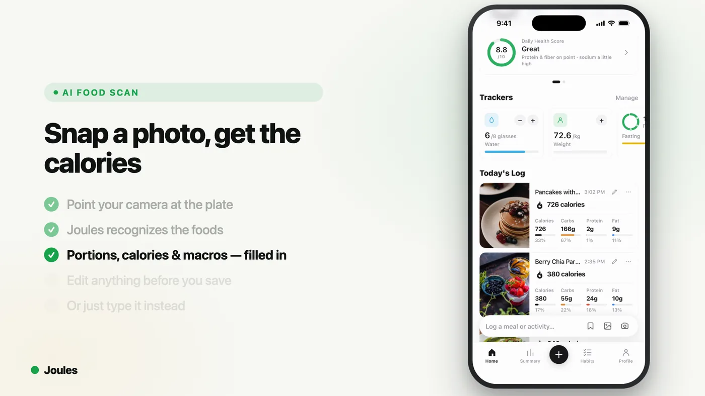 Calories and macros filled in automatically from a photo in Joules